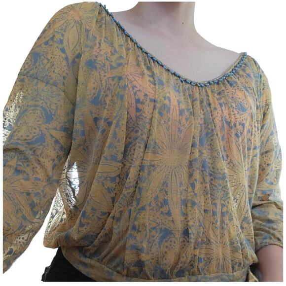 Free People Yellow and Turquoise Beaded Velvet Burnout Top Size S - Picture 1 of 8